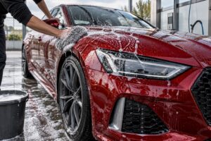Schonende Handwäsche eines roten Autos mit Mikrofaser-Waschhandschuh
