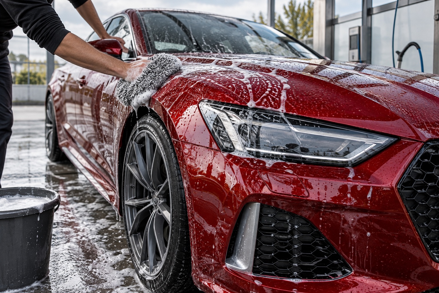 Schonende Handwäsche eines roten Autos mit Mikrofaser-Waschhandschuh
