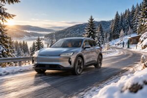 Elektroauto auf einer winterlichen Straße im Schwarzwald
