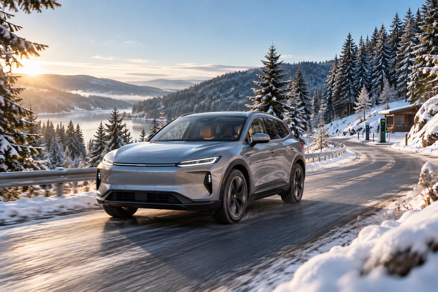 Elektroauto auf einer winterlichen Straße im Schwarzwald